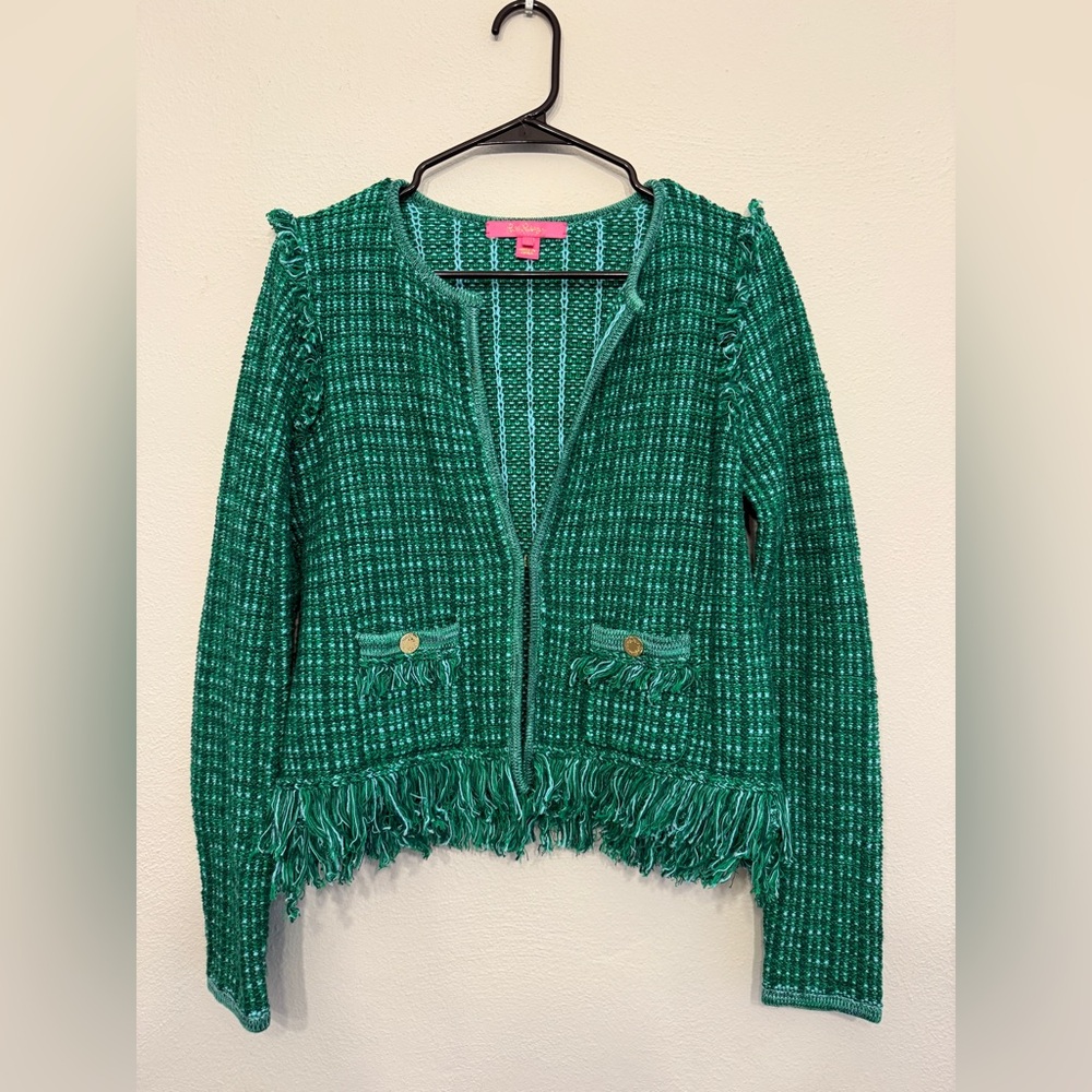 Lilly Pulitzer Green Tweed Fringe Blazer